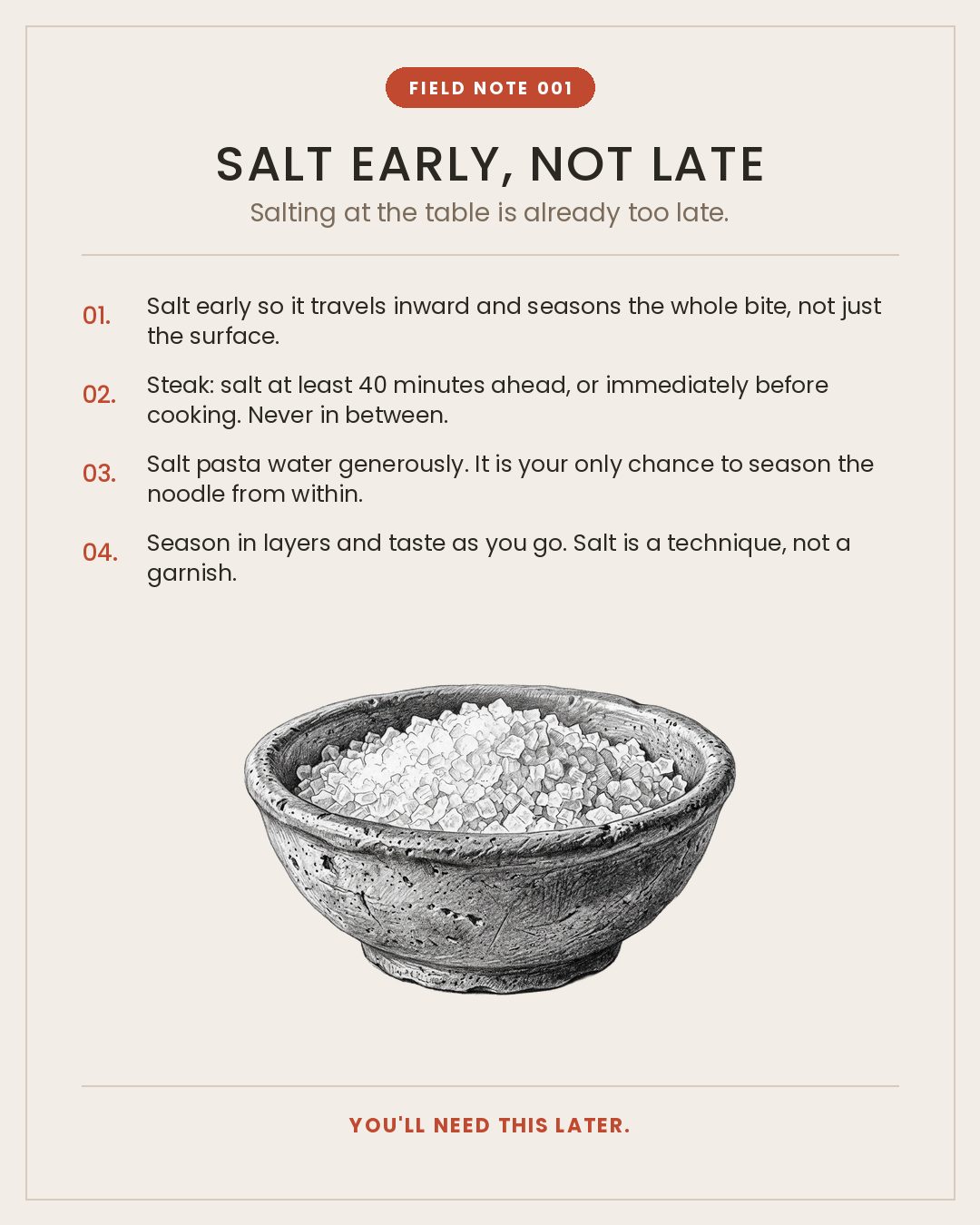 Field Note 001, Salt early, not late.